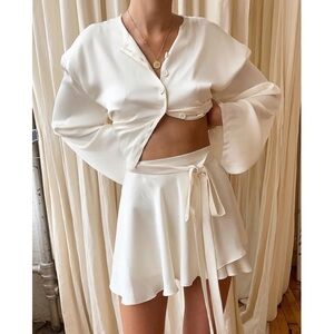 Orseund Iris Ballerina Wrap Mini Skirt in Cream Satin